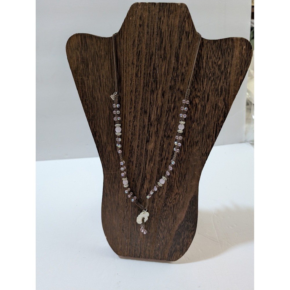 Boho Macrame Cord Necklace Carved Shell Flower Pink Purple Beads Adjustable